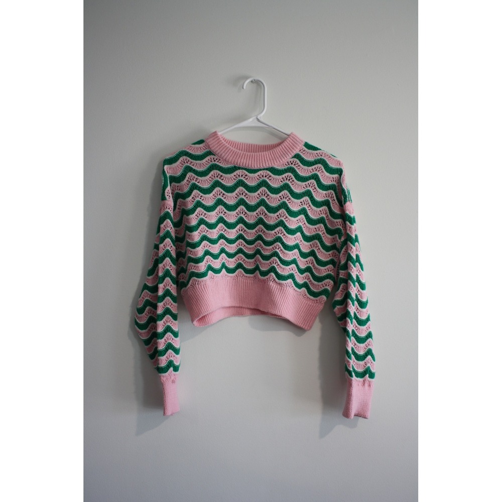 Lena Chevron Pointelle Knit Cropped Sweater Womens S Pink green pastel Retro y2K